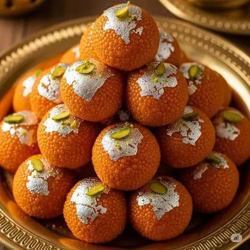 Motichoor laddoos topped with silver leaf and pistachio on a brass plate