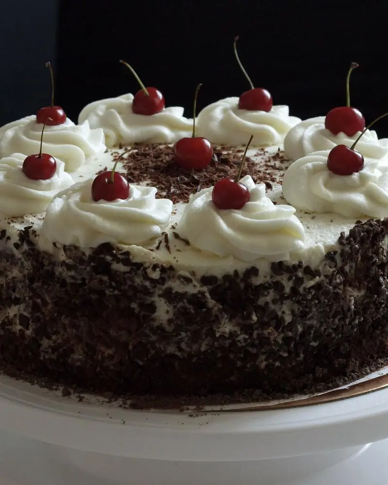 A whole black forest cake with cream rosettes, cherries and chocolate shavings