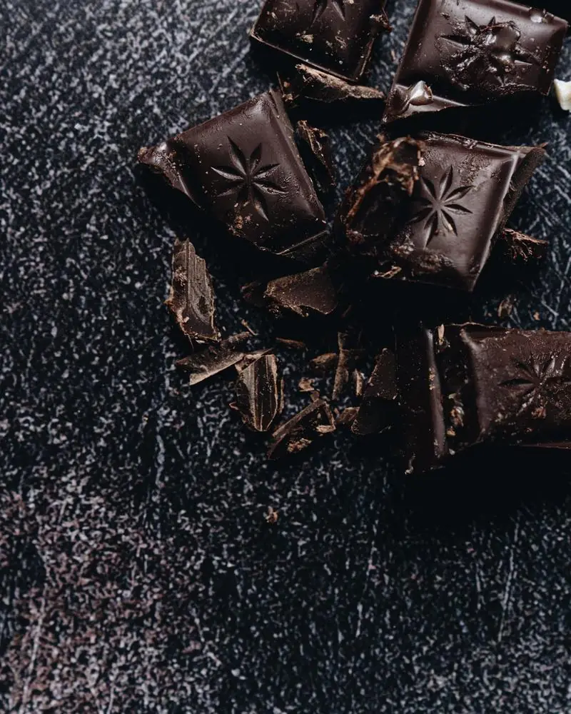 Squares of dark chocolate broken from a moulded bar
